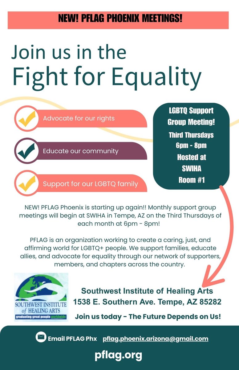 PFlag Phoenix is up and running.  Come join us for support.  Youth must be accompanied by an adult.