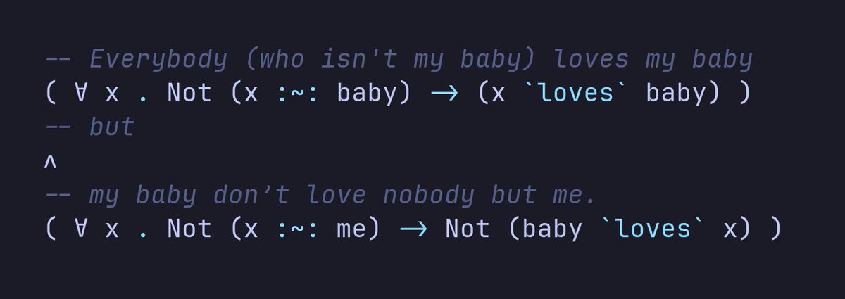goodacre_liam's tweet image. my interpretation of the lyric...
you'd need the leap of double-negation-elimination to get from my second part to the second axiom in the post (or switch entirely to classical logic (plonk everything under NotNot))