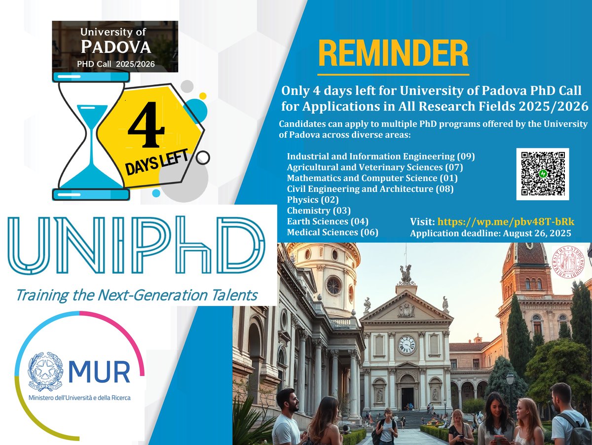 Agristok (@agristok) on Twitter photo 🚨 Deadline Reminder: Only 4 days left for University of Padova PhD Call for Applications in All Research Fields 🇮🇹 2025/2026, Please share and spread the word, for details: wp.me/pbv48T-bRk 🚨 Deadline Reminder: Only 4 days left for University of Padova PhD Call for Applications in All Research Fields 🇮🇹 2025/2026, Please share and spread the word, for details: wp.me/pbv48T-bRk