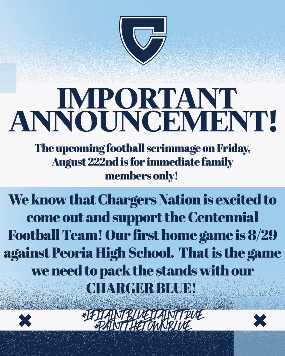 Scrimmage Game=Family ONLY! Get yourselves ready for the first home game on 8/29 with all of your Charger Blue! #ifitiantblueitainttrue #paintthetownblue