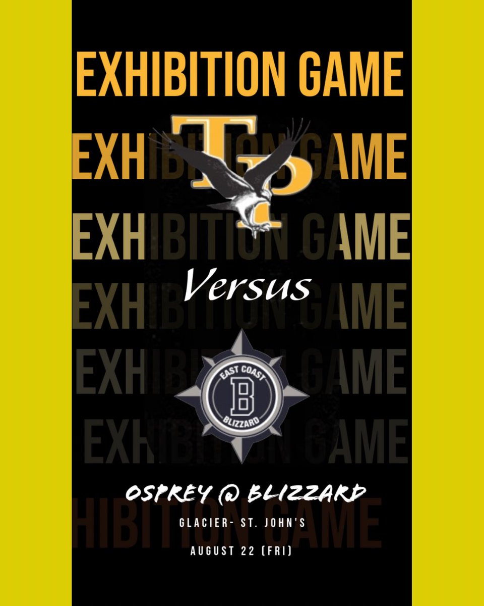 📣 Pre-season game tomorrow!

🆚 <a href="/EC_Blizzard/">East Coast Blizzard</a> 
🗓️ Friday August 22
⏰ 6pm-8pm
📍 Glacier

Our first exhibition game is coming - excited to get back on the ice as we get closer to kick off weekend in September 

#GoOspreyGo #LetsGetThisSeasonGoing 🦅