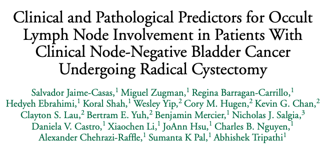 1/ JUST PUBLISHED at #CGC journal: Evaluating Clinical and Pathological Predictors for Occult Lymph Node Involvement in Patients With Clinical Node-Negative Bladder Cancer Undergoing Radical Cystectomy

🔵Occult LN involvement occurs in 25% of pts with cN0 MIBC.
🔵LN involvement