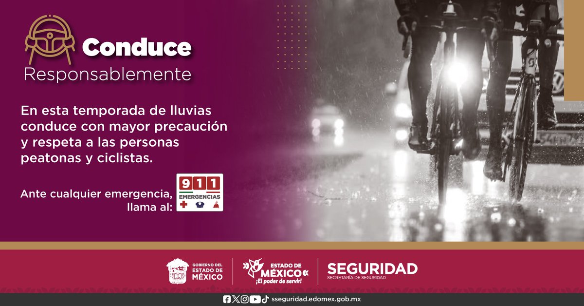 SSEM_VialEdomex's tweet photo. 🚴‍♂️🌧️ En temporada de lluvias respeta a las personas peatonas y ciclistas.
#ConduceResponsablemente 🚗 https://t.co/cV6jL1eLWA