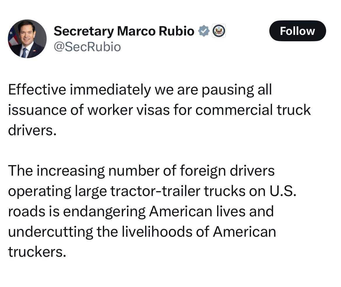 Huge W, we cannot continue to let reckless migrants steal trucking jobs from Americans.