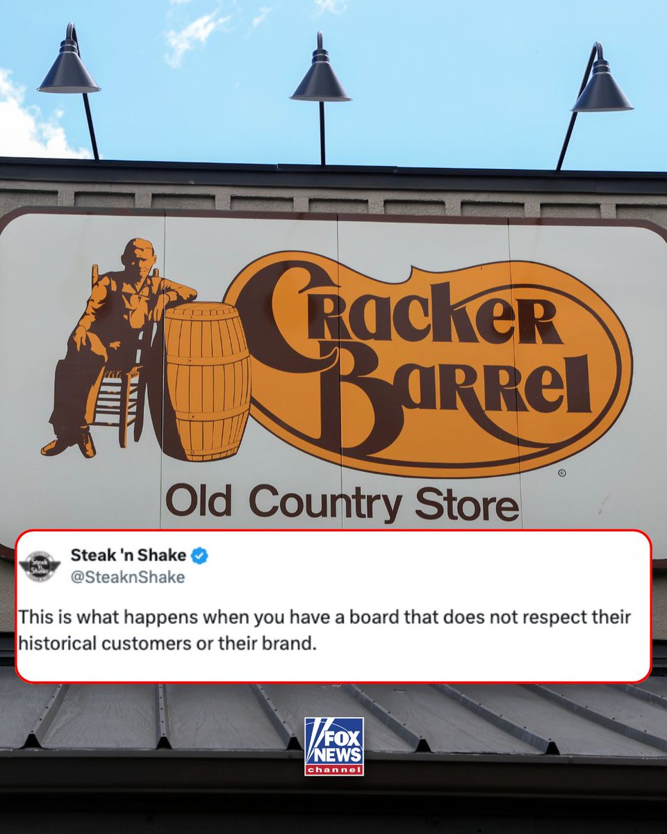 Fox News (@foxnews) on Twitter photo BOTTOM OF THE BARREL: <a href="/SteaknShake/">Steak 'n Shake</a> is taking direct aim at <a href="/CrackerBarrel/">Cracker Barrel</a> for erasing its heritage and identity with a controversial new logo, saying "we take pride in our history." BOTTOM OF THE BARREL: <a href="/SteaknShake/">Steak 'n Shake</a> is taking direct aim at <a href="/CrackerBarrel/">Cracker Barrel</a> for erasing its heritage and identity with a controversial new logo, saying "we take pride in our history."