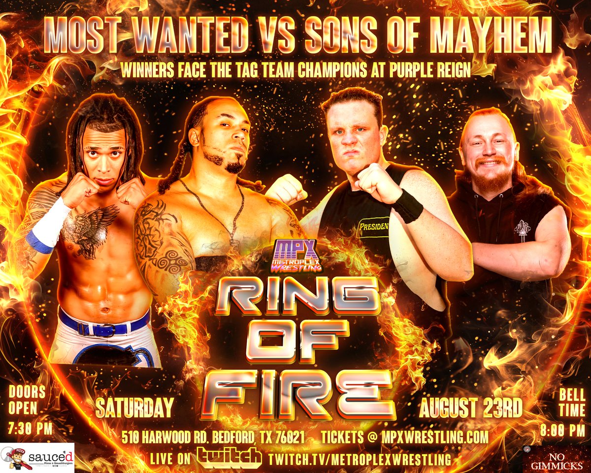 SATURDAY AUG 23RD🔥
510 Harwood Rd Bedford TX
🎟 mpxwrestling.com 🎟 

MOST WANTED
VS
SONS OF MAYHEM

WINNERS BECOME #1 CONTENDERS FOR THE TAG TEAM TITLES!

#MPX #wrestling #fyp #prowrestling #dallas #fortworth #Texas #event #twitch #YouTube #trending #thingstodo #wwe #aew