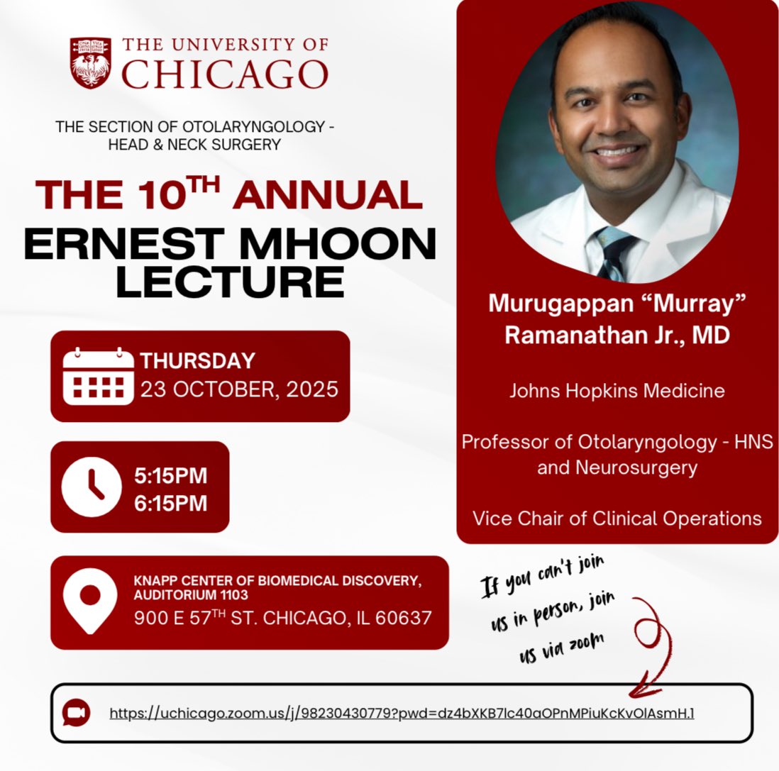 Mark your calendars!  We’re excited to welcome Dr Ramanathan <a href="/hopkins_ent/">Johns Hopkins OHNS</a> for our 10th annual Mhoon lecture on October 23!  Join in person or via <a href="/Zoom/">Zoom</a> uchicago.zoom.us/j/98230430779?…