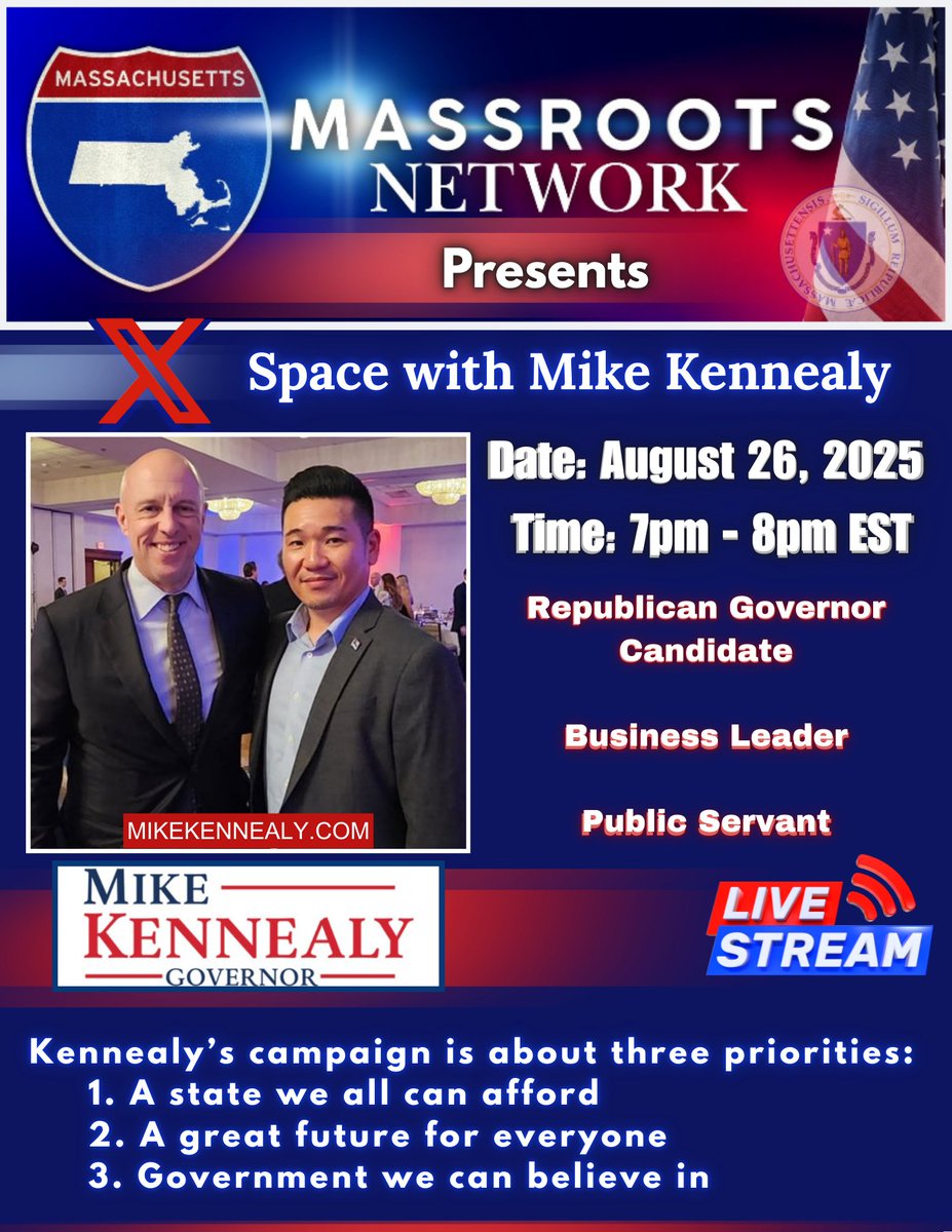 Chester Tam (@islantstudio) on Twitter photo 🚨 Join Us Live! 🚨
I’ll be hosting with cohost <a href="/BrandonEdsall/">Brandon Edsall</a> the MASSROOTS NETWORK Community on X Space as we sit down with Republican Governor candidate <a href="/MikeKennealy/">Mike Kennealy</a> this Tuesday, the 26th at 7PM.
This is your chance to hear directly from the candidate, ask your questions, 🚨 Join Us Live! 🚨
I’ll be hosting with cohost <a href="/BrandonEdsall/">Brandon Edsall</a> the MASSROOTS NETWORK Community on X Space as we sit down with Republican Governor candidate <a href="/MikeKennealy/">Mike Kennealy</a> this Tuesday, the 26th at 7PM.
This is your chance to hear directly from the candidate, ask your questions,