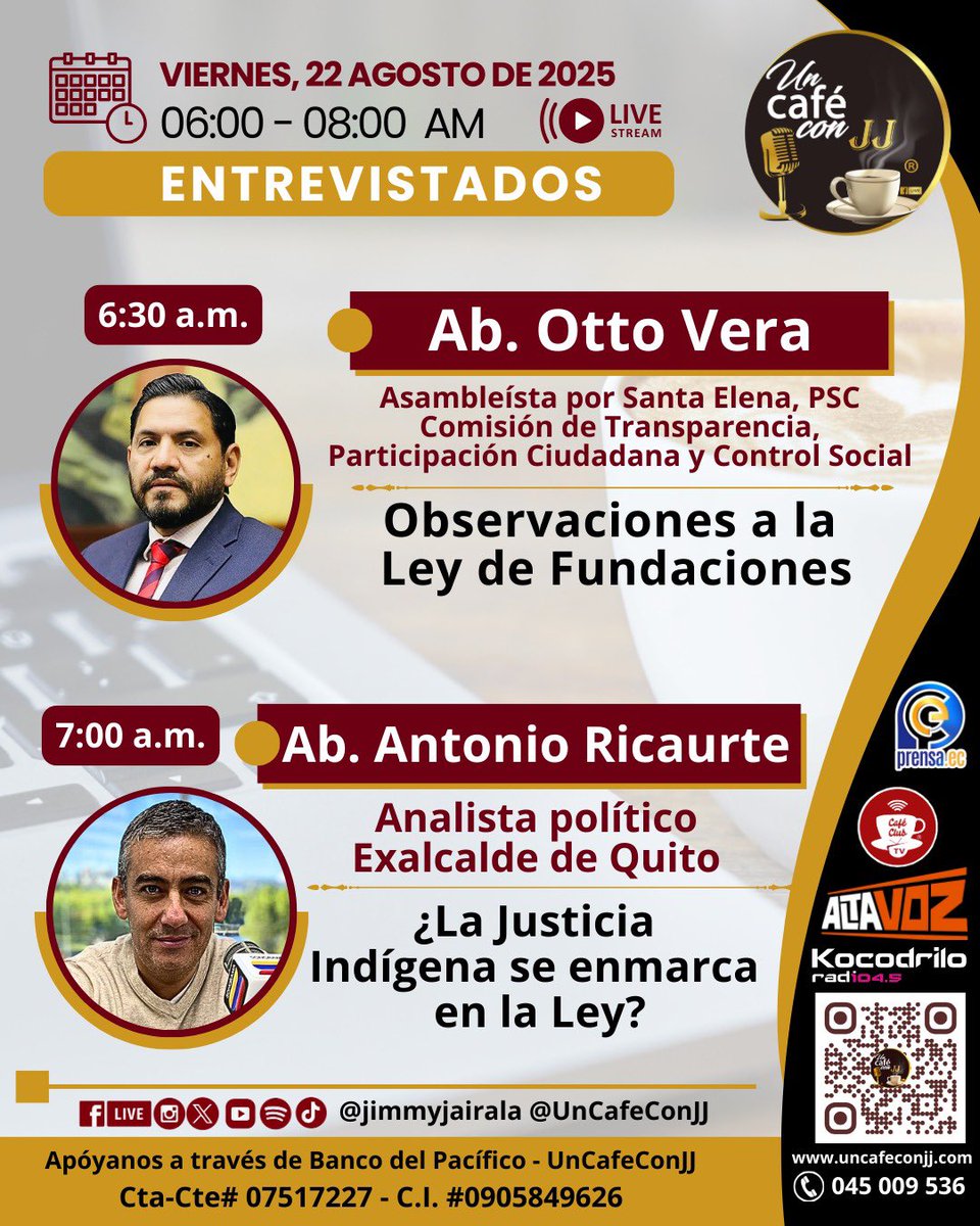 Un Café con JJ (@uncafeconjj) on Twitter photo 🔎LOS INVITADOS DE MAÑANA <a href="/UnCafeConJJ/">Un Café con JJ</a>
<a href="/Altavozecu/">Altavoz</a> <a href="/PrensaEc1/">PrensaEc</a> <a href="/CafeClub_Lat/">CafeClubTv</a> <a href="/JuanSJairala/">Juan Sebastian Jairala</a> <a href="/AbGusEspinozaV/">Gustavo Espinoza</a> 🔎LOS INVITADOS DE MAÑANA <a href="/UnCafeConJJ/">Un Café con JJ</a>
<a href="/Altavozecu/">Altavoz</a> <a href="/PrensaEc1/">PrensaEc</a> <a href="/CafeClub_Lat/">CafeClubTv</a> <a href="/JuanSJairala/">Juan Sebastian Jairala</a> <a href="/AbGusEspinozaV/">Gustavo Espinoza</a>