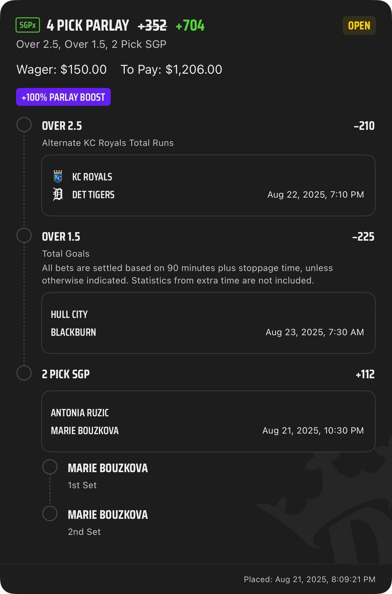 Deez_Bets_'s tweet image. DK VIP | Centennial 100% boost #1/3 💯 (from last week’s bet &amp;amp; gets)

+704 against @GetBettorOdds fair +415 ✅ 

56.2% EV, QK 1.99u

@QuickPickBot