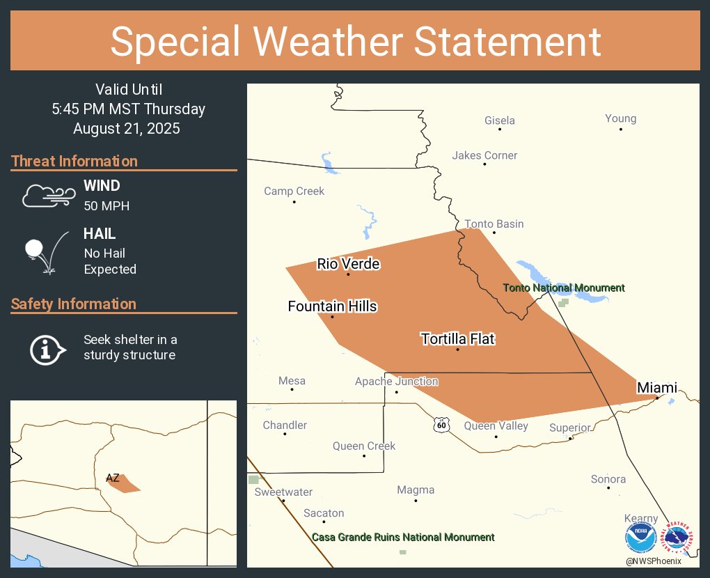A special weather statement has been issued for Fountain Hills AZ, Miami AZ  and Rio Verde AZ until 5:45 PM MST, image size:1020x830