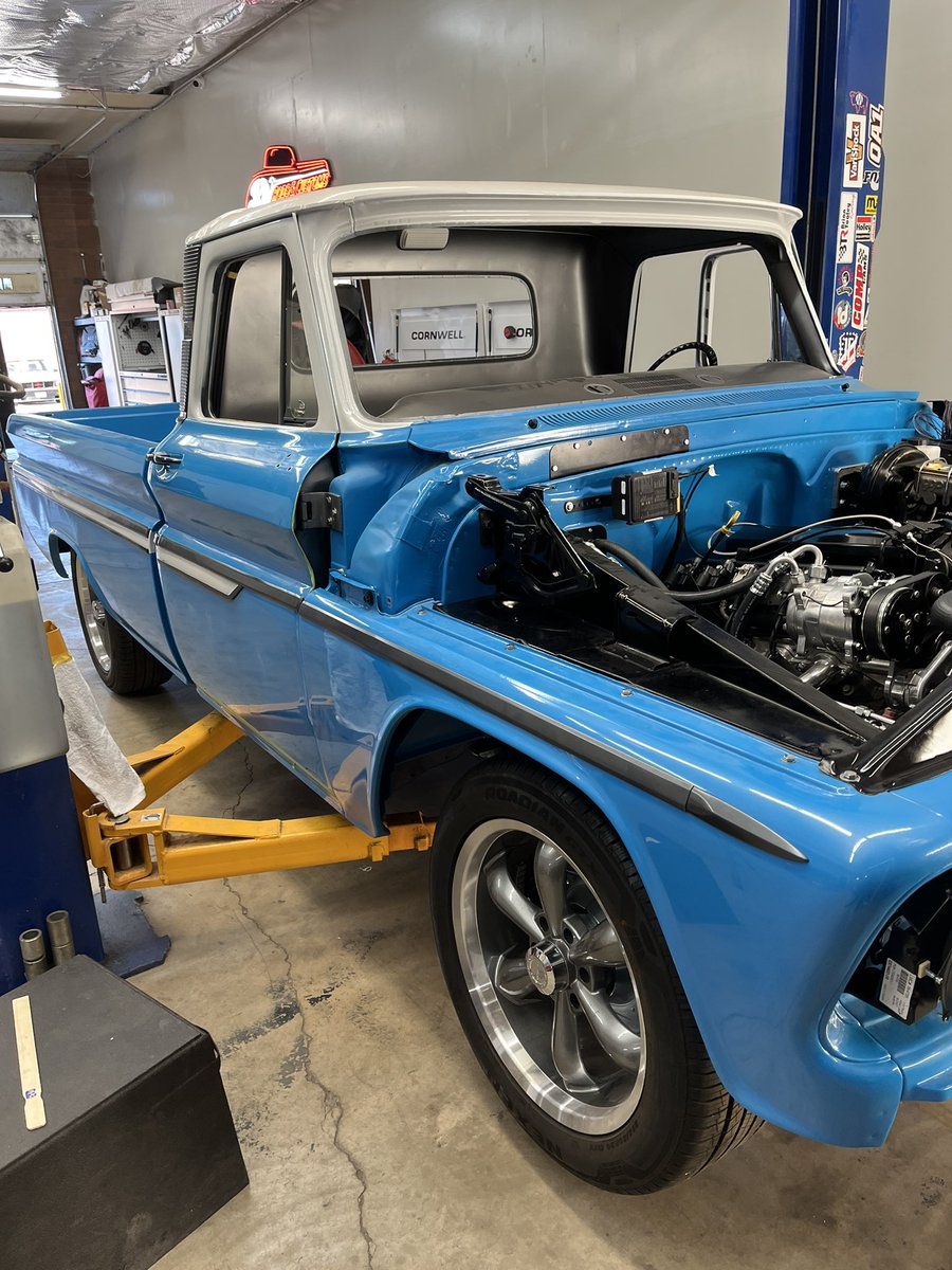 RomanMeissner1's tweet photo. These are old pics. Truck is almost done now but, this is a ‘65 C10 I’ve been building at work for a client. Sick truck. 6.0 LS, T56, Restomod A/C, all kinds of modern goodies. Can’t wait to see the owner driving it around town https://t.co/cEXzcWOjMr