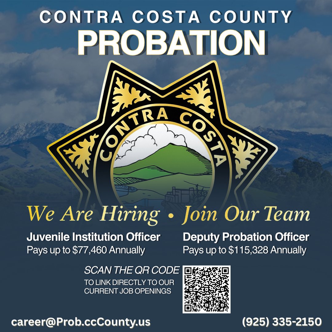 Contra Costa County Probation Department (@ccc_probation) on Twitter photo 💥Make a Real Impact Today: Join Our Team!
Scan the QR code to apply. For questions, email us at career@Prob.ccCounty.us or call (925) 335 - 2150. 💥Make a Real Impact Today: Join Our Team!
Scan the QR code to apply. For questions, email us at career@Prob.ccCounty.us or call (925) 335 - 2150.