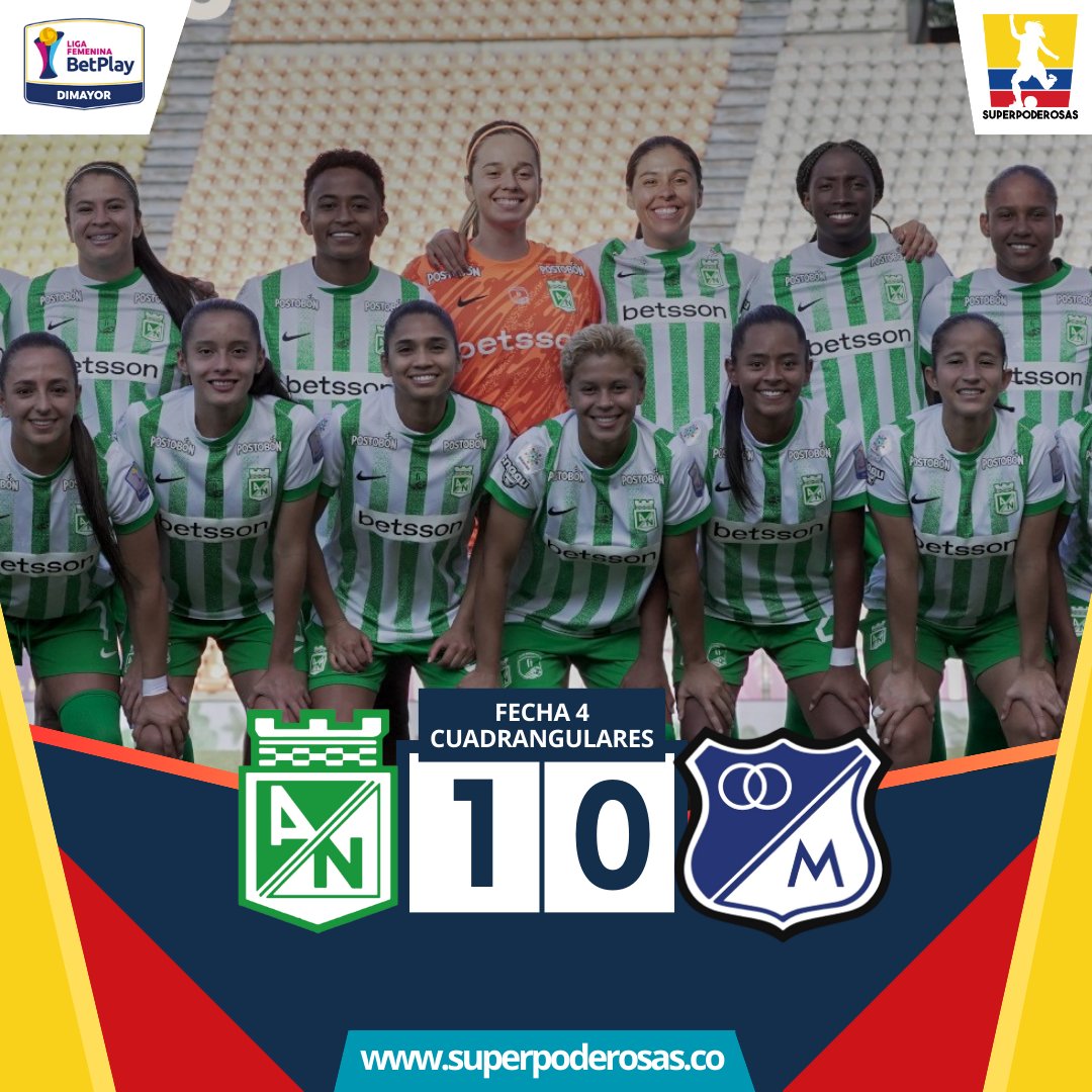 Superpoderosas 🇨🇴⚽️ (@_superpoderosas) on Twitter photo 🟢 ¡LAS 'VERDOLAGAS', A SEMIFINALES! ⚪️
Con gol de Laura Aguirre, Atlético Nacional venció 1-0 a Millonarios y jugará la siguiente fase de la Liga Femenina ⚽️🏆🇨🇴 2025 con 12pts.
🫣 Las 'embajadoras' quedan al borde de la eliminación con 1pt en el Grupo B.
📸 <a href="/naloficialfem/">Atlético Nacional Femenino</a> 🟢 ¡LAS 'VERDOLAGAS', A SEMIFINALES! ⚪️
Con gol de Laura Aguirre, Atlético Nacional venció 1-0 a Millonarios y jugará la siguiente fase de la Liga Femenina ⚽️🏆🇨🇴 2025 con 12pts.
🫣 Las 'embajadoras' quedan al borde de la eliminación con 1pt en el Grupo B.
📸 <a href="/naloficialfem/">Atlético Nacional Femenino</a>