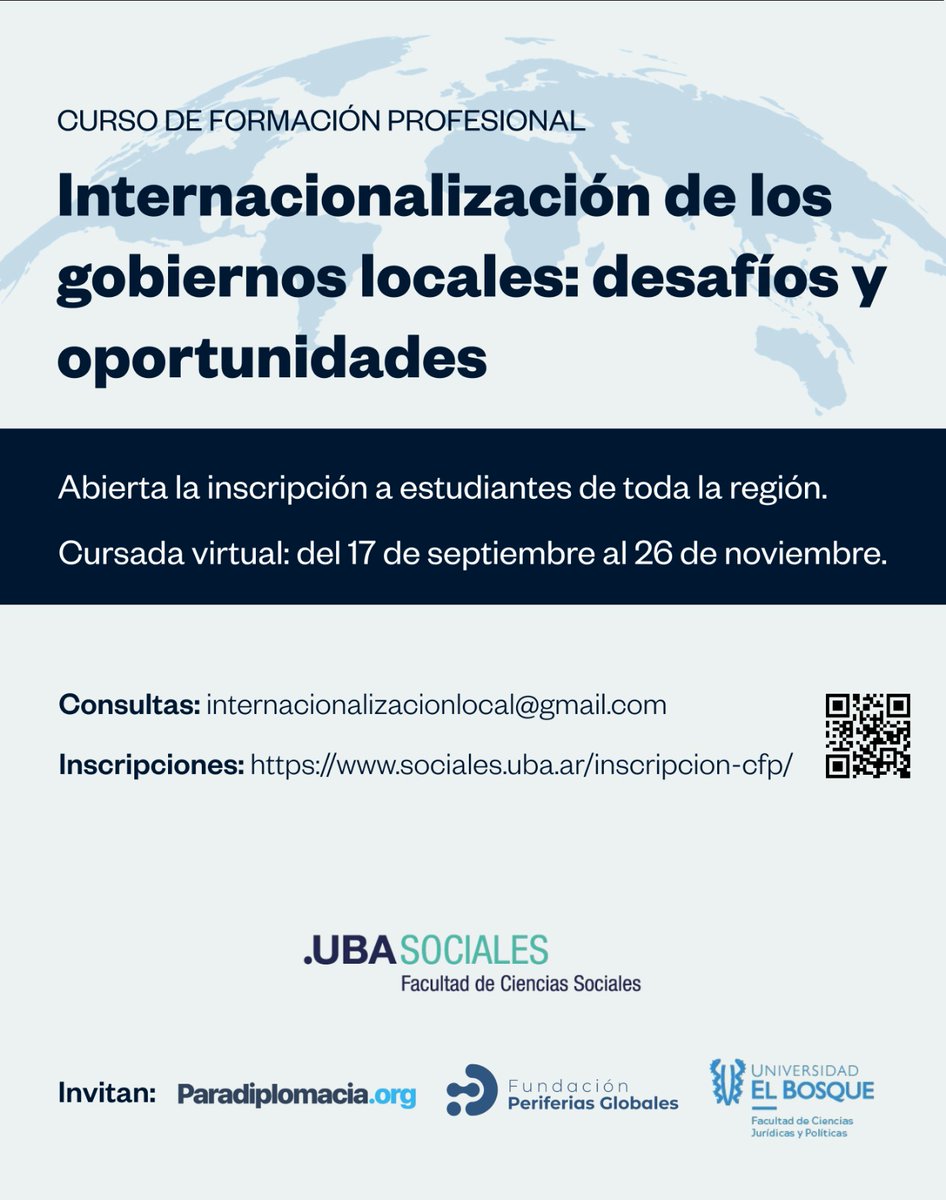 📢 Curso: “Internacionalización de los gobiernos locales: desafíos y oportunidades”🌎 

👩🏻‍💻 Virtual
📅 Miércoles del 17/09 al 26/11
💡Organiza: @UBAsociales
📚 Invitan: <a href="/Paradiplomacia/">Paradiplomacia.org</a> #PeriferiasGlobales
📄 Gecetilla: bit.ly/3Vjba4R
ℹ️ Más info: bit.ly/45Jfu29