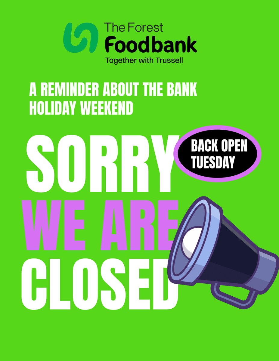 📢 Important Reminder

We will be closed for the Bank Holiday weekend

If you or someone you know needs a food parcel, please contact today so we can help

We will reopen on Tuesday 

Thank you for your understanding &amp; support—take care over the long weekend

#BankHolidayNotice