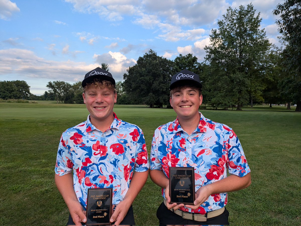 DunlapGolf's tweet photo. Congratulations to the boys varsity squad for winning the Raider Cup for the second year in a row! Nick Herget and Carter Lippens shot 68 to win first place, followed by Nolan Eccles and Luke Johnson in second. @DunlapAthletics https://t.co/LIPHns2IbG