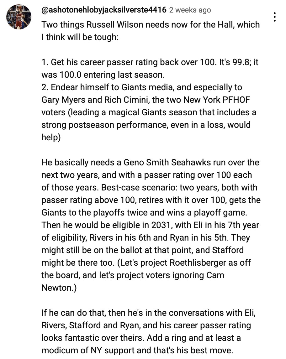 Jack M Silverstein (@readjack) on Twitter photo My note on <a href="/richeisen/">Rich Eisen</a> / <a href="/RichEisenShow/">Rich Eisen Show</a> discussion on what Russell Wilson needs to do now to get into the Hall, as I suspect voters have soured on him (unfairly, in my opinion):
youtube.com/watch?v=2IZep0… My note on <a href="/richeisen/">Rich Eisen</a> / <a href="/RichEisenShow/">Rich Eisen Show</a> discussion on what Russell Wilson needs to do now to get into the Hall, as I suspect voters have soured on him (unfairly, in my opinion):
youtube.com/watch?v=2IZep0…