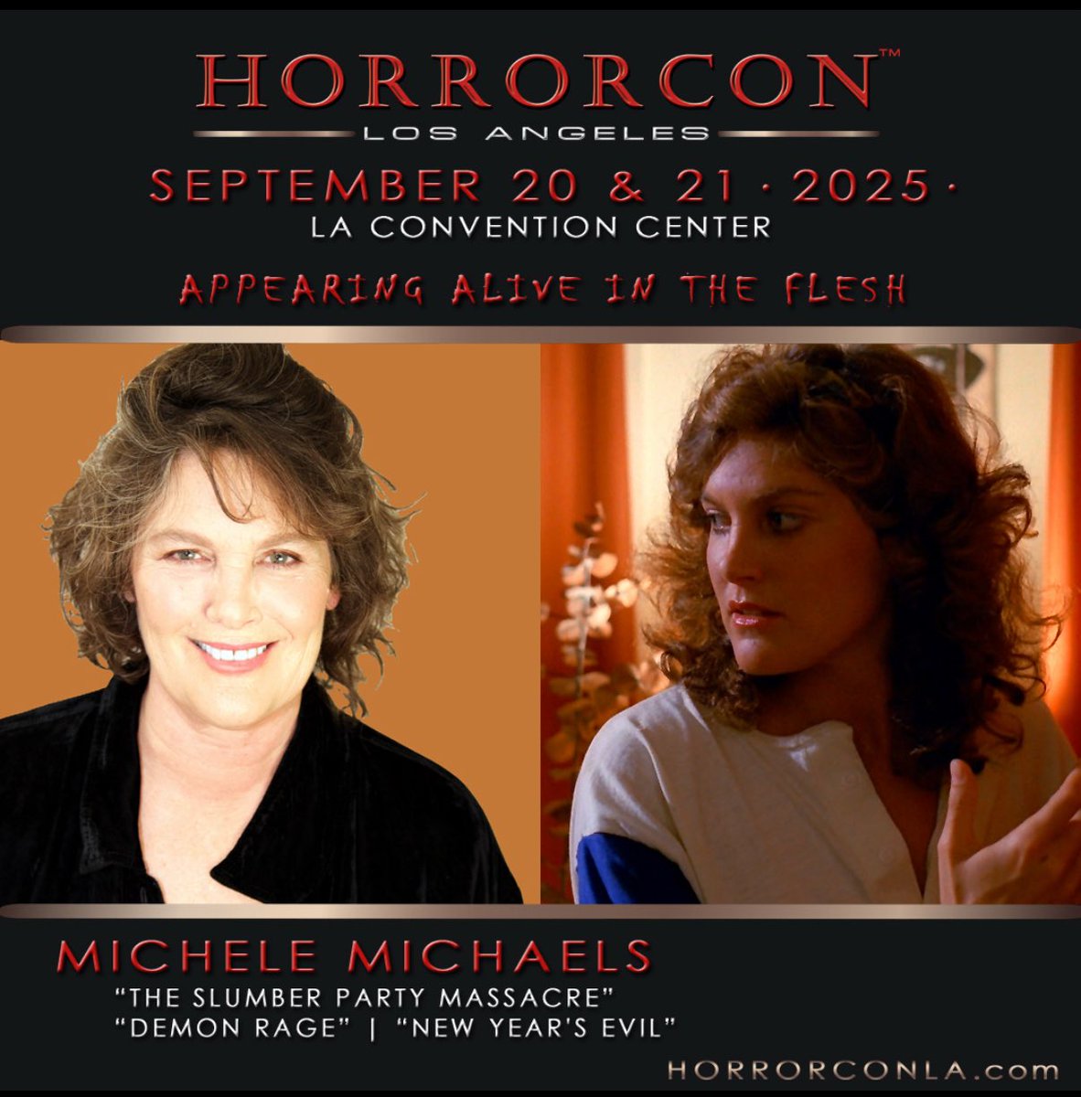 Hey #HorrorCommunity come see Michele Michaels an original cast member of Slumber Party Massacre at Horror Con Los Angeles in Los Angeles California.  Dates are Sept 20-21, 2025.  There will be personalized autographs, selfies, combos, and panels.