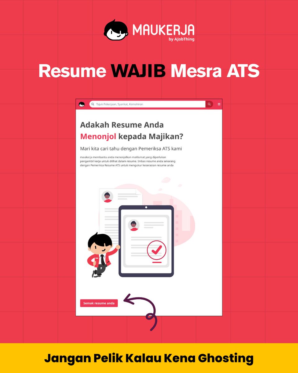 Ramai ingat kena ghosting… padahal resume tak lepas sistem ATS.

Majikan guna ATS untuk tapis resume. Kalau format tak mesra ATS — memang terus kena tolak.

Jangan risau.
Guna Resume Maker Maukerja:
✔ Mesra ATS
✔ Format siap sedia
✔ 100% percuma

👉bit.ly/3D4vNZx