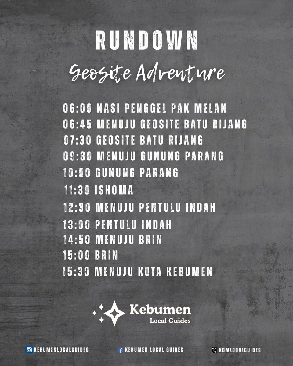 KBMLocalGuides's tweet image. Geosite Adventure
Kebumen Local Guides
Jum&apos;at, 5 September 2025

Daftar di sini : bit.ly/MeetUpKebumenLG

#Kebumen #IndonesiaLocalGuides #LocalGuides