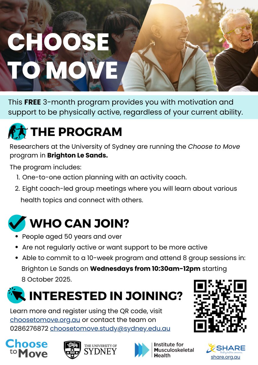 Want support to get active? We’re running the Choose to Move program - motivation &amp; support to help you get #active in a way you choose.  

Open to people aged 50+, with upcoming program in Brighton Le Sands (8 Oct).

Register: choosetomove.org.au/locations/ 

#whatsonsydney #active