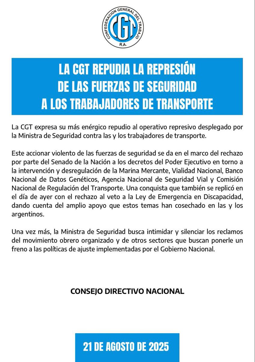 Nos sumamos al repudio de <a href="/cgtoficialok/">CGT</a> por la represión que sufrieron en la movilización frente al Congreso los trabajadores y las trabajadoras del transporte que se organizan en la CATT.

🗯¡Basta de represión a la protesta!
📣 En unidad y en la calle, defendemos los derechos.