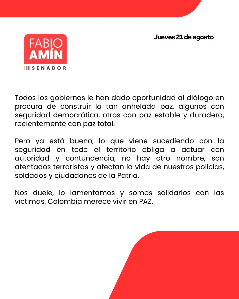 Lo que viene sucediendo con la seguridad en todo el territorio obliga a actuar con autoridad y contundencia. 
Nos duele, lo lamentamos y somos solidarios con las víctimas. 
Colombia merece vivir en PAZ 🇨🇴 🕊️
