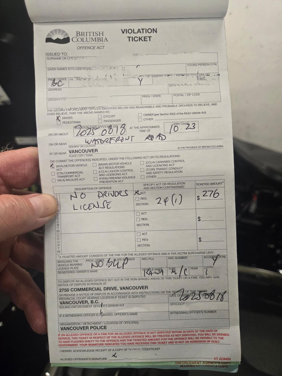 VPDTrafficUnit's tweet image. Few days ago, rider on stolen motorbike got spooked when they saw @VancouverPD motor officer. Took off at high rate of speed &amp;amp; wiped out going through the curves of Waterfront Rd ramp to W. Cordova St.  Fake license plate, no DL, fail to stop and criminal charge. Also, trip to…
