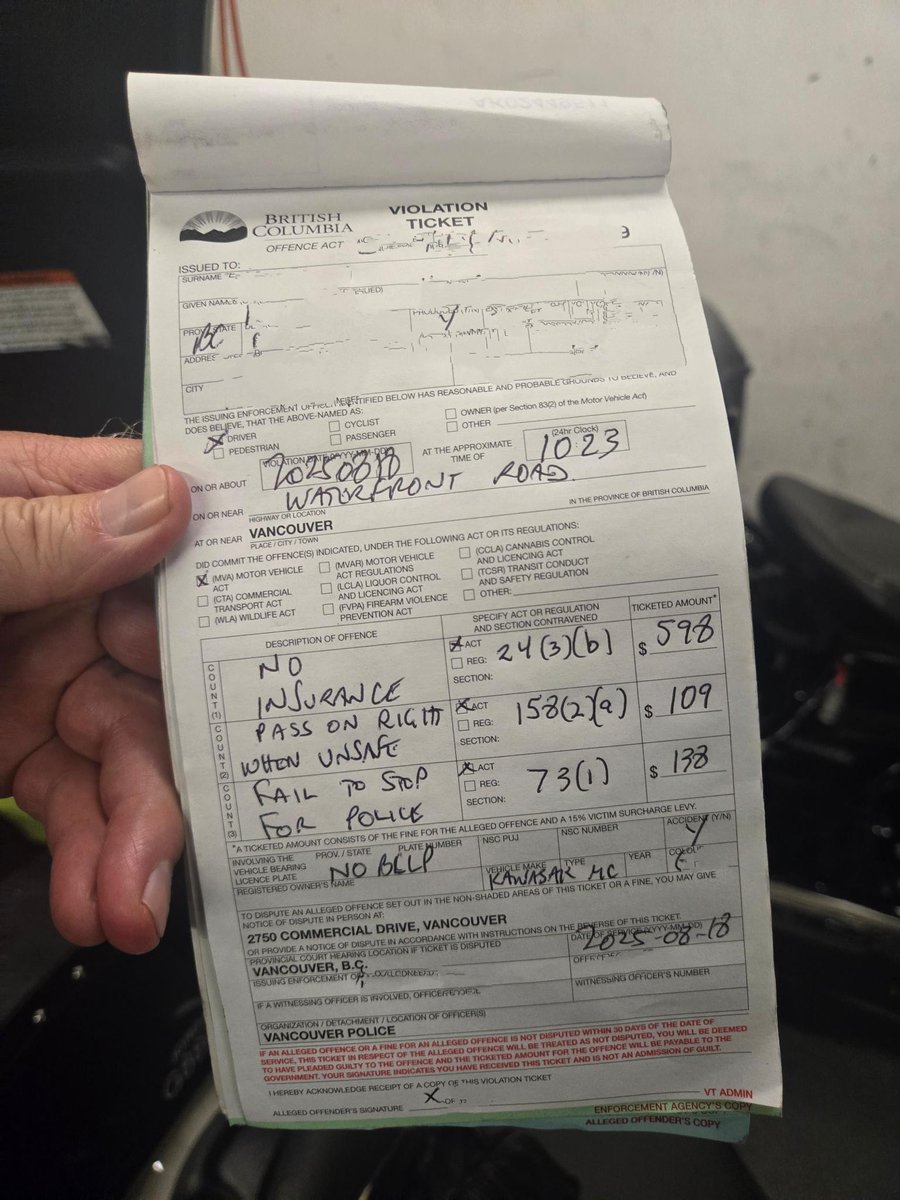 VPDTrafficUnit's tweet image. Few days ago, rider on stolen motorbike got spooked when they saw @VancouverPD motor officer. Took off at high rate of speed &amp;amp; wiped out going through the curves of Waterfront Rd ramp to W. Cordova St.  Fake license plate, no DL, fail to stop and criminal charge. Also, trip to…