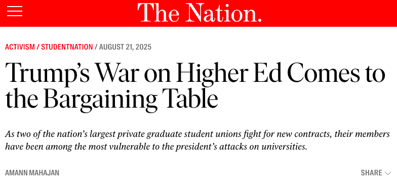The attack on student unions is an attack - in concert with Trump - on the better version of the university we are fighting for.

Thank you <a href="/amannmahajan/">Amann Mahajan</a> for covering our and <a href="/hgsuuaw/">Harvard Grad Students Union-UAW Local 5118</a>'s contract campaigns against corporate universities.