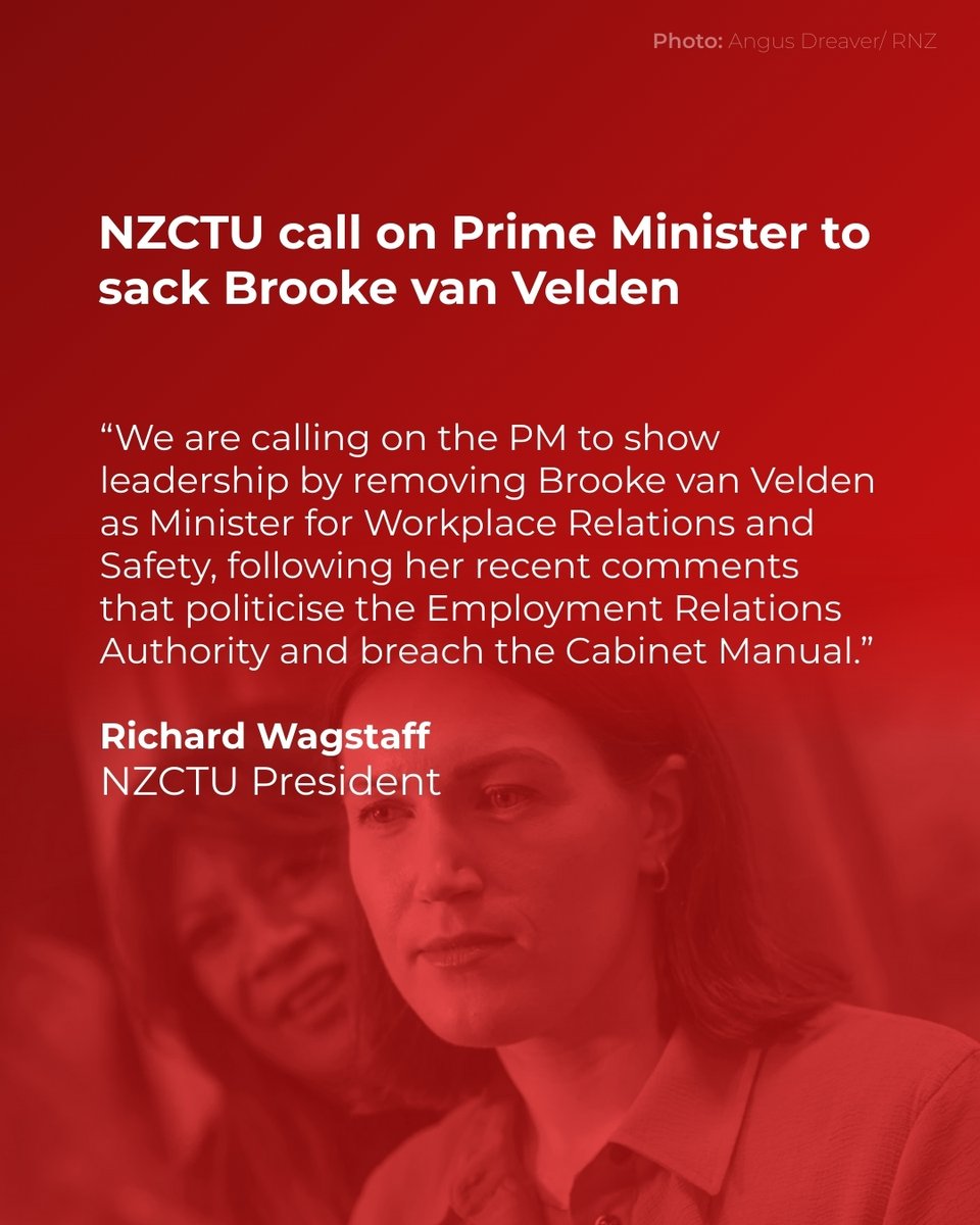 #BREAKING: We are calling on the Prime Minister to show leadership by removing Brooke van Velden as Minister for Workplace Relations and Safety, following her recent comments that politicise the Employment Relations Authority and breach the Cabinet Manual. 1/6