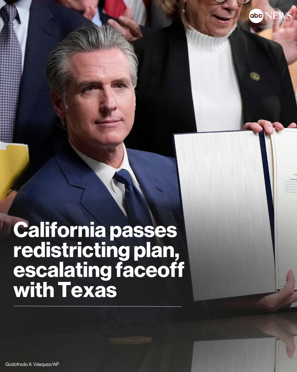 ABC's tweet image. California's legislature has advanced bills calling for a special election on a redrawn congressional map to be held in November — in retaliation for congressional redistricting plans in Texas.

Gov. Newsom signed the legislation on Thursday night. abcnews.link/lU9egFF