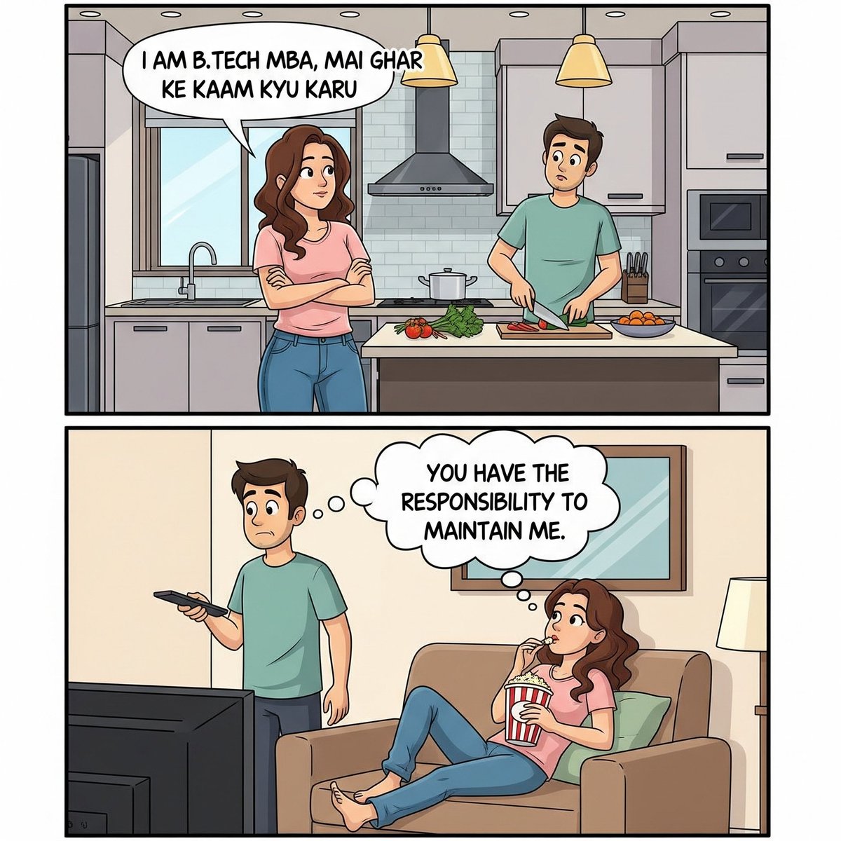 Wife: I am highly educated,I won’t cook/clean

Husband: Then do a job plz

Wife:No,it's a Husband’s duty to maintain his wife

Modern feminism=Degrees for showpiece and ego,husband for bills and service
Equal rights?Only where benefit exist

#NyayPrayaas4Men 
#EmergingBharat4Men