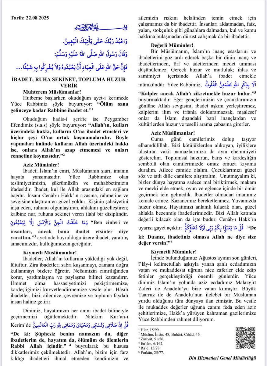 “İbadetler; Allah’ın kullarına yüklediği yük değil, lütuftur.” Haftanın hutbesi.