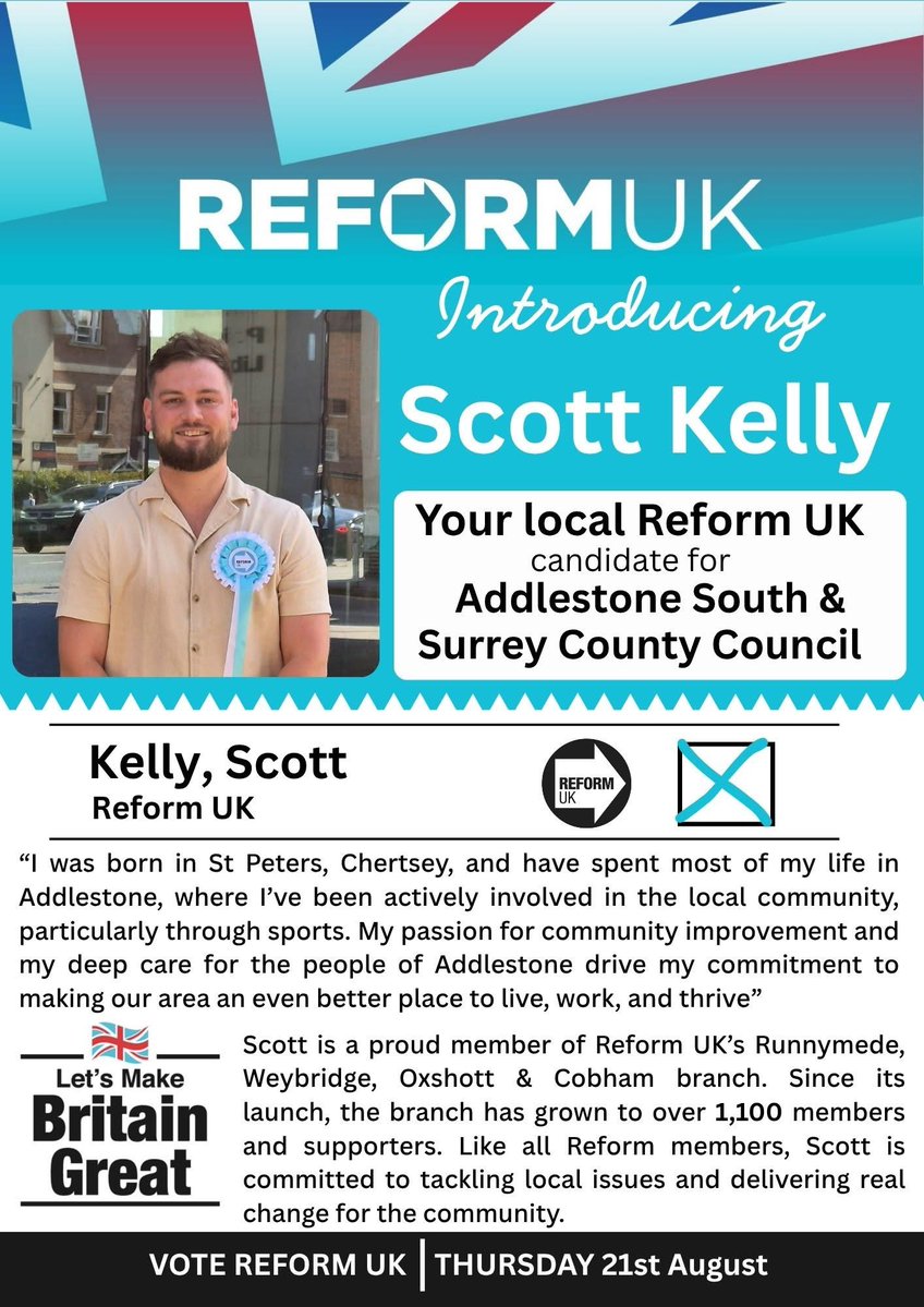 Joel McGuigan - Reform UK (@reformjoel) on Twitter photo 💥 REFORM UK ➡️ has just snatched a Surrey seat from the Conservatives! Well done to SCOTT KELLY 👏
Addlestone division By-Election Result:
➡️ RFM: 34.2% (New)
🌳 CON: 24.2% (-25.9)
🔶 LDM: 17.4% (+9.2)
🌍 GRN: 16.2% (+1.9)
🌹 LAB: 8.1% (-10.9)
Changes w/ 2021. <a href="/drdavidbull/">Dr David Bull</a> 💥 REFORM UK ➡️ has just snatched a Surrey seat from the Conservatives! Well done to SCOTT KELLY 👏
Addlestone division By-Election Result:
➡️ RFM: 34.2% (New)
🌳 CON: 24.2% (-25.9)
🔶 LDM: 17.4% (+9.2)
🌍 GRN: 16.2% (+1.9)
🌹 LAB: 8.1% (-10.9)
Changes w/ 2021. <a href="/drdavidbull/">Dr David Bull</a>
