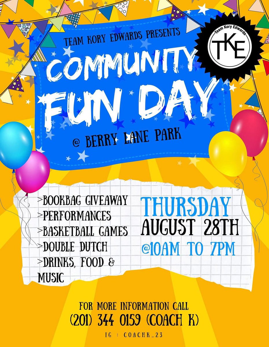 FP_Hudson's tweet photo. Team Kory Edwards Presents "Community Fun Day" @ Berry Line Park
--
When: Thursday August 28th
Time: 10am-7pm
--
For more info call Coach K: 201-344-0159
#hudsoncounty #hudsoncountyevents https://t.co/JxQHRo9C8p