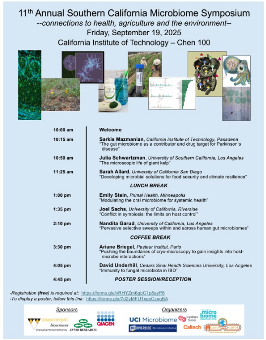 We have an epic line-up for the SoCal Microbiome Symposium at CalTech on Sept 19th, Sarah Allard, Ariane Briegel, Nandita Garud, Sarakis Mazmanian, Joel Sachs, Julia Schartzman, Emily Stein and David Underhill. Thanks to hosts Margaret McFall Ngai and Ned Ruby!