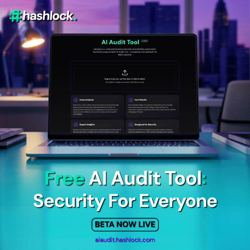 Hashlock_'s tweet photo. 📈 Are you building a Web3 Project? Use our new AI Audit tool for a security scan of your contracts… It's completely free.

The first free AI audit tool from a leading firm

Get Your Free &amp; Specialized AI Security Scan.