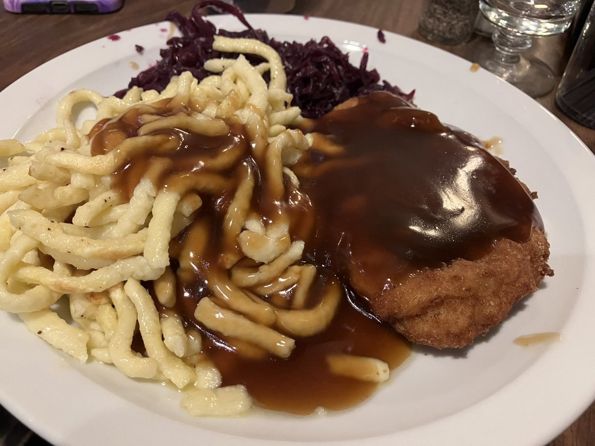 Schnitzel and spätzle at the German Society today 🇩🇪 #チョコプロごはん #CHOCOPROEATS