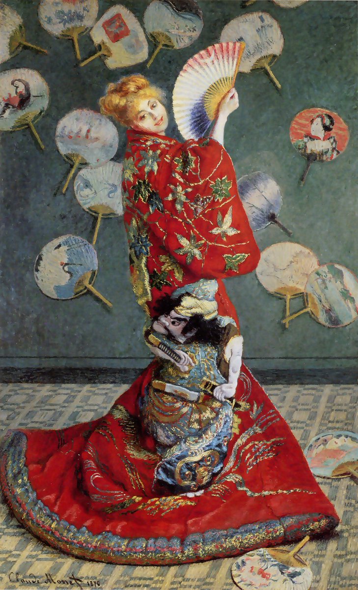 Telewhale's tweet image. “La Japonaise (Camille Monet in Japanese Costume)” (1876) by Claude Monet reflects Europe’s fascination with Japanese art. Camille Monet poses in a vivid red kimono before a wall of fans, embodying both allure and parody. A glimpse of Japonisme, filtered through Impressionist…