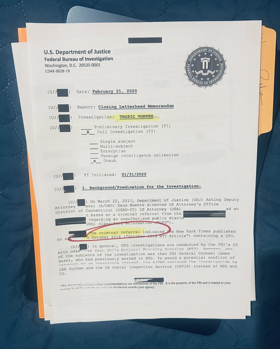 Catherine Herridge (@c__herridge) on Twitter photo Pay Special Attention Page 1
FBI Leak Investigation ‘Tropic Vortex’ Was a Criminal Referral.
Allegation is that disclosure of classified information to reporters was “authorized” by <a href="/Comey/">James Comey</a>
As FBI Director, Comey would know whether his actions violated 18 USC 1924 which Pay Special Attention Page 1
FBI Leak Investigation ‘Tropic Vortex’ Was a Criminal Referral.
Allegation is that disclosure of classified information to reporters was “authorized” by <a href="/Comey/">James Comey</a>
As FBI Director, Comey would know whether his actions violated 18 USC 1924 which