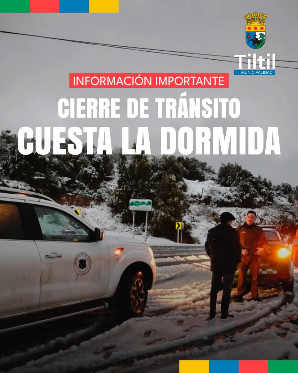 CuestaLaDormida's tweet photo. 🚨 CIERRE TOTAL CUESTA LA DORMIDA 🚨
En coordinación con la Delegación Provincial de Chacabuco y Marga Marga, se determina el cierre de la cuesta debido a la caída de nieve en el sector.
Acceso a Caleu permitido solo para residentes.
#CuestaLaDormida #Tiltil #olmue #limache https://t.co/LE7DUlWG7o