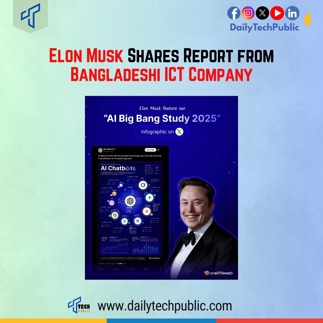 DailyTechPublic's tweet image. Tech billionaire @elonmusk has shared a comprehensive AI chatbot study conducted by @OneLittleWeb1. For Bangladesh&apos;s technology sector, this recognition from one of the world&apos;s most influential tech leaders represents a significant milestone. tinyurl.com/yc6mdwhv #TechPublic