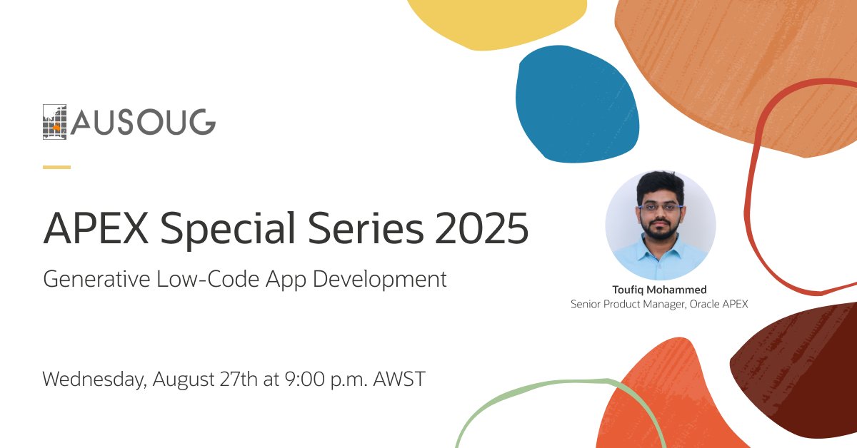 🤖 Join <a href="/toufiqmoh/">Toufiq #orclAPEX</a> at the <a href="/AUSOUG/">AUSOUG</a> APEX Special Series 2025—virtual webinar on Generative App Development.

⚡ Learn how to use #orclAPEX with RAG + #AI Services to build AI-powered apps in minutes: social.ora.cl/6015fIHbz

 #Oracle #GenDev