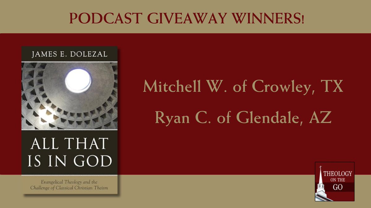 Alliance (@confessevangel) on Twitter photo Congratulations to Theology on the Go listeners Mitchell and Ryan!
Each has won a copy of "All That is in God," by James Dolezal.
These books are generous gifts from our friends at <a href="/RHB_Books/">Reformation Heritage Books</a>! Congratulations to Theology on the Go listeners Mitchell and Ryan!
Each has won a copy of "All That is in God," by James Dolezal.
These books are generous gifts from our friends at <a href="/RHB_Books/">Reformation Heritage Books</a>!