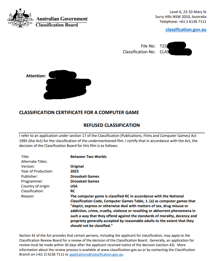 Australia is censoring gaming, even fully consensual, romantic, and respectful content.

s.team/a/1975280 

Apparently, Between Two Worlds is just too damn sexy for Australians. Trying to do the right thing, I submitted the game to the Aussie government to get a proper