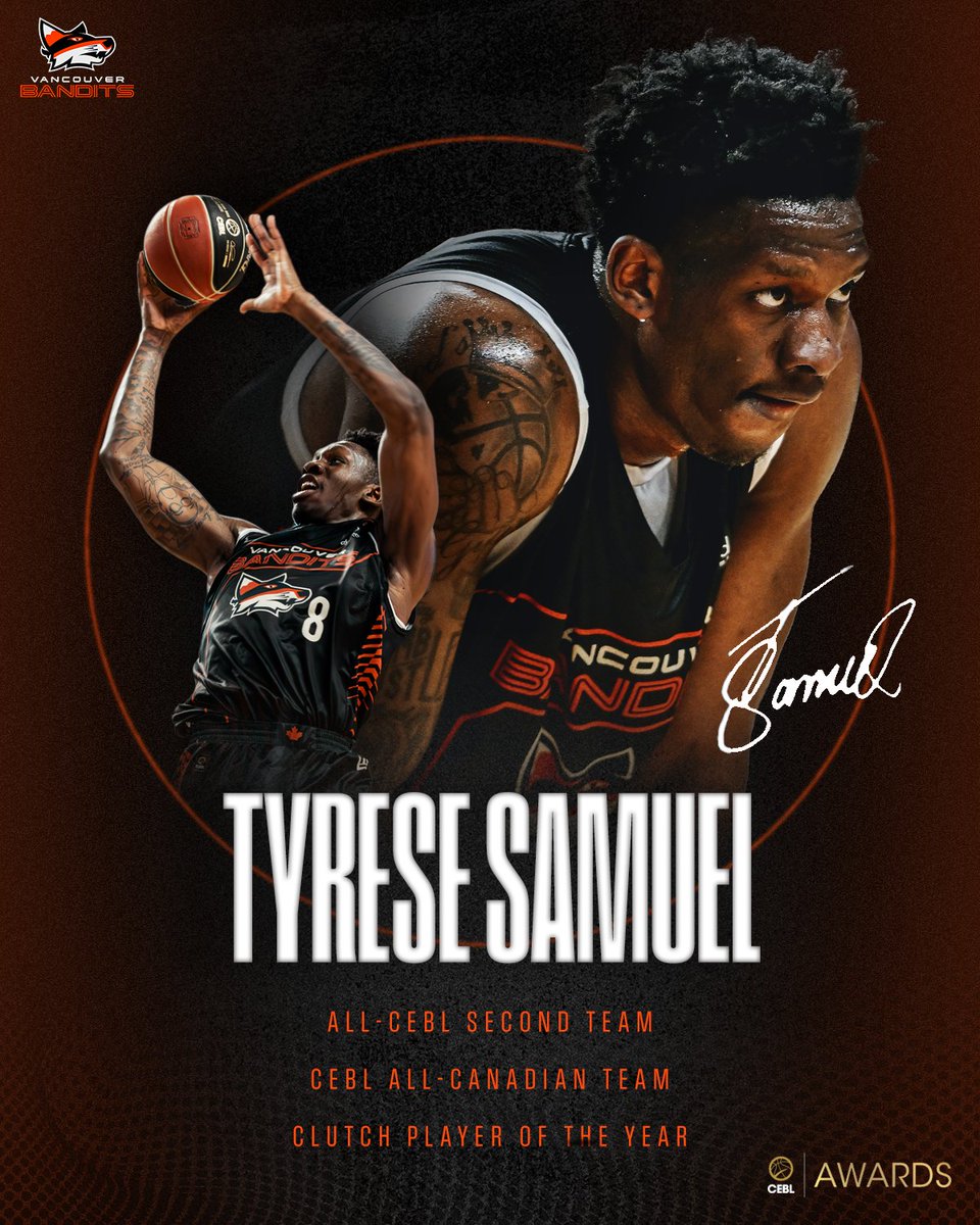 Vancouver Bandits (@vancitybandits) on Twitter photo Total dominance. ‼️ <a href="/Tyrese5G/">Tyrese Samuel</a>
✅ CEBL All-Canadian Team
✅ All-CEBL Second Team
✅ CEBL Clutch Player of the Year Total dominance. ‼️ <a href="/Tyrese5G/">Tyrese Samuel</a>
✅ CEBL All-Canadian Team
✅ All-CEBL Second Team
✅ CEBL Clutch Player of the Year