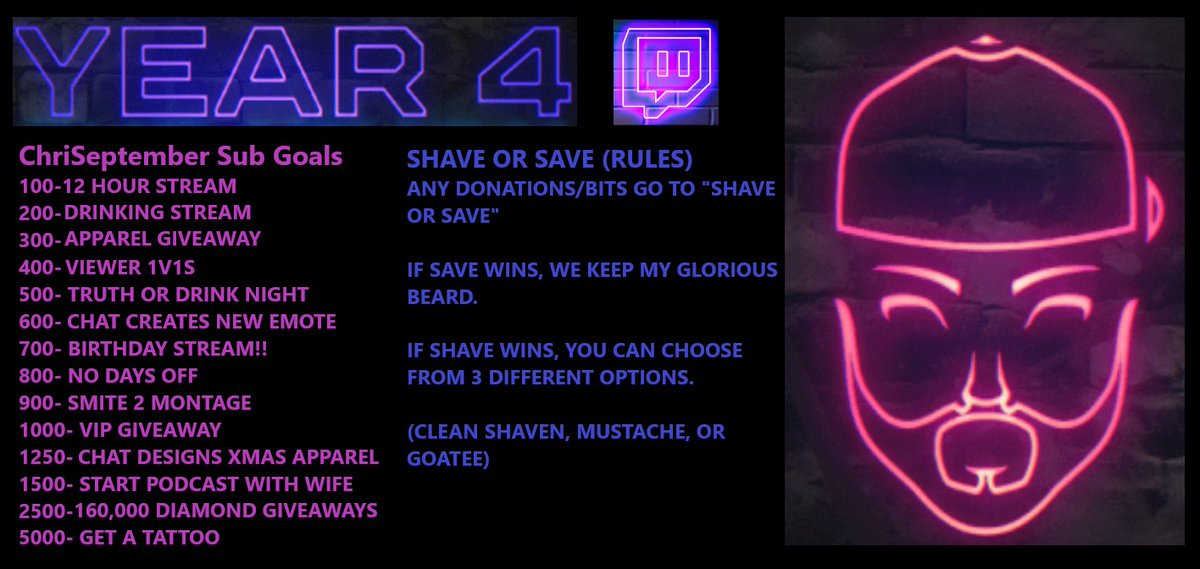 Our 4th Annual ChriSeptember event is planned. Cheaper subs, big events, Shave or Save.

Huge announcements for new content, new SMITE themed apparel store, and more secret stuff!

Stay Tuned