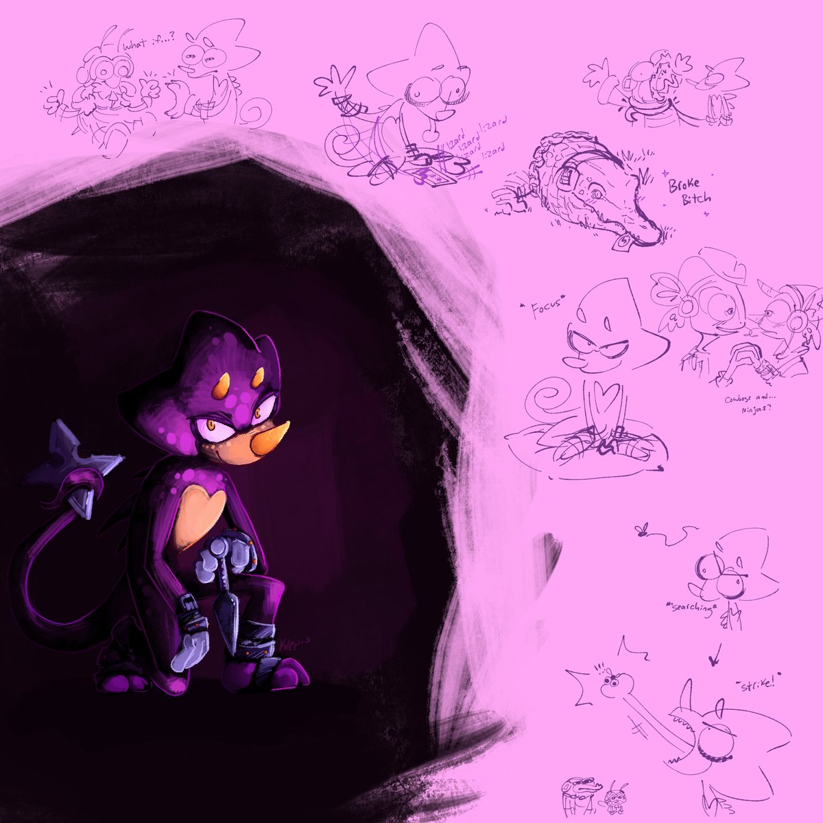 Splurmur's tweet photo. This is an Espio hate post Ima boutta wreck this guy. I don't like his ugly forehead nose, here are doodles with my reimagining cuz I desperately needed to see him with a snout. I also gave him splatoon eyebags because he is an ugly chameleon. K

#SonicTheHedghehog #espioisugly https://t.co/7I8GgM5epk